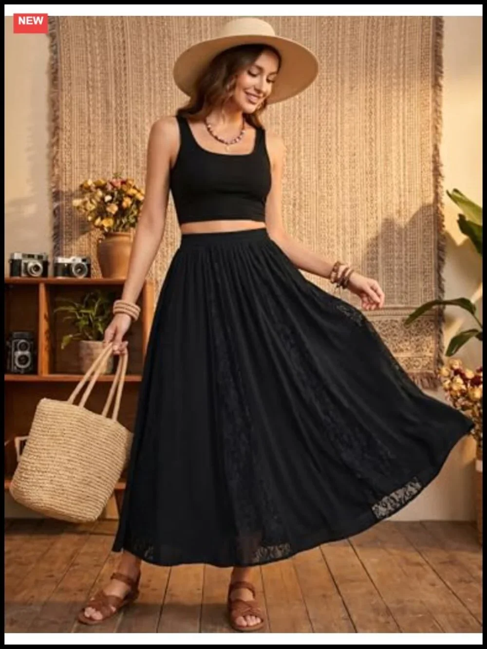 Women's Lace Maxi Skirt Flowy A-Line High Waist with Pockets Renaissance